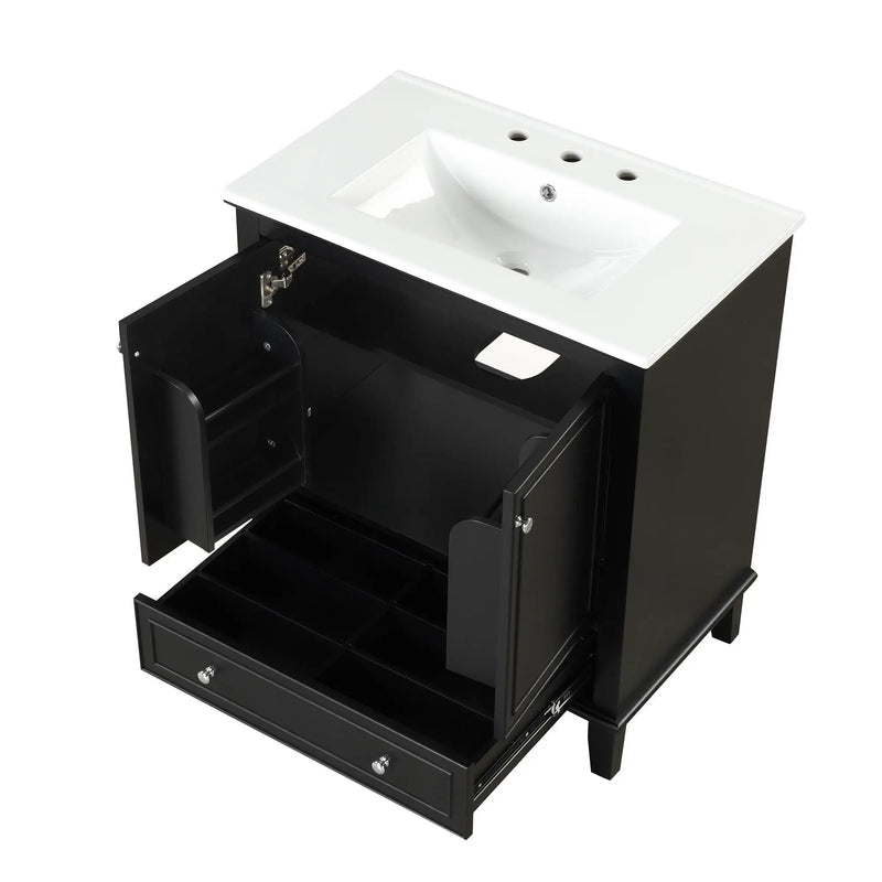 30" Bathroom Vanity With Sink Combo, Multi Functional Bathroom Cabinet With Doors And Drawer - Black