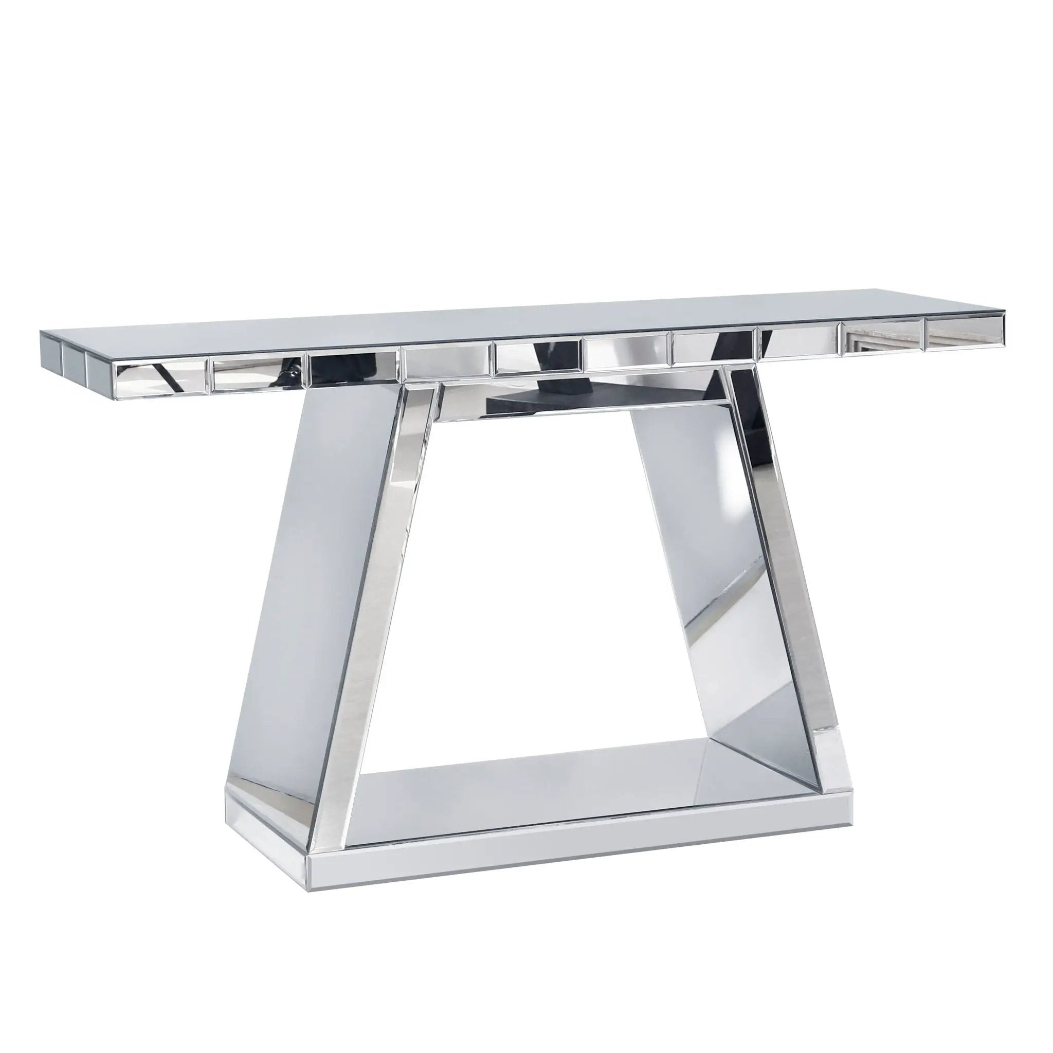 Modern Luxe Full Body Mirror Entryway Table With Trapezoid Base, 360° Reflective Console, Scratch Resistant, Open Storage - Silver by HouseOfZazla