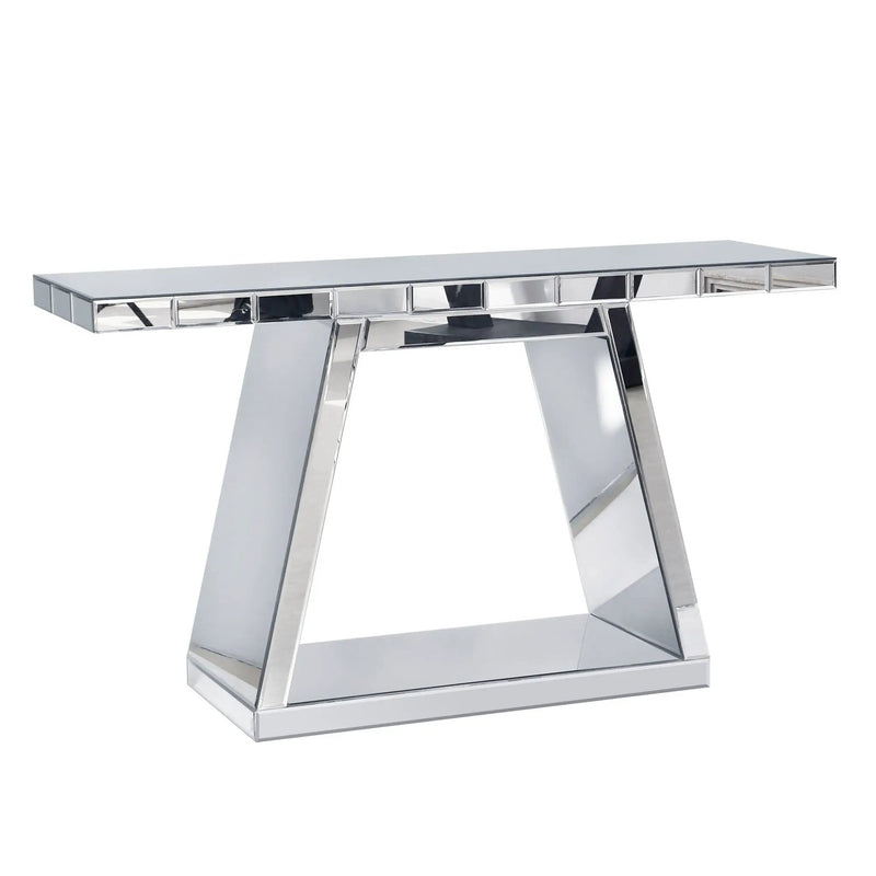 Modern Luxe Full Body Mirror Entryway Table With Trapezoid Base, 360° Reflective Console, Scratch Resistant, Open Storage - Silver by HouseOfZazla