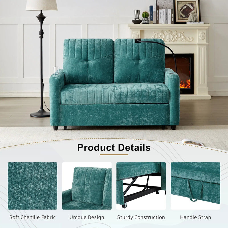 Modern Loveseat Pull Out Sofa Bed With Adjustable Backrest, Two Cup Holders, A Phone Holder, Three Charging Ports And Side Storage Pockets For Living Room by Unique Piece Furniture