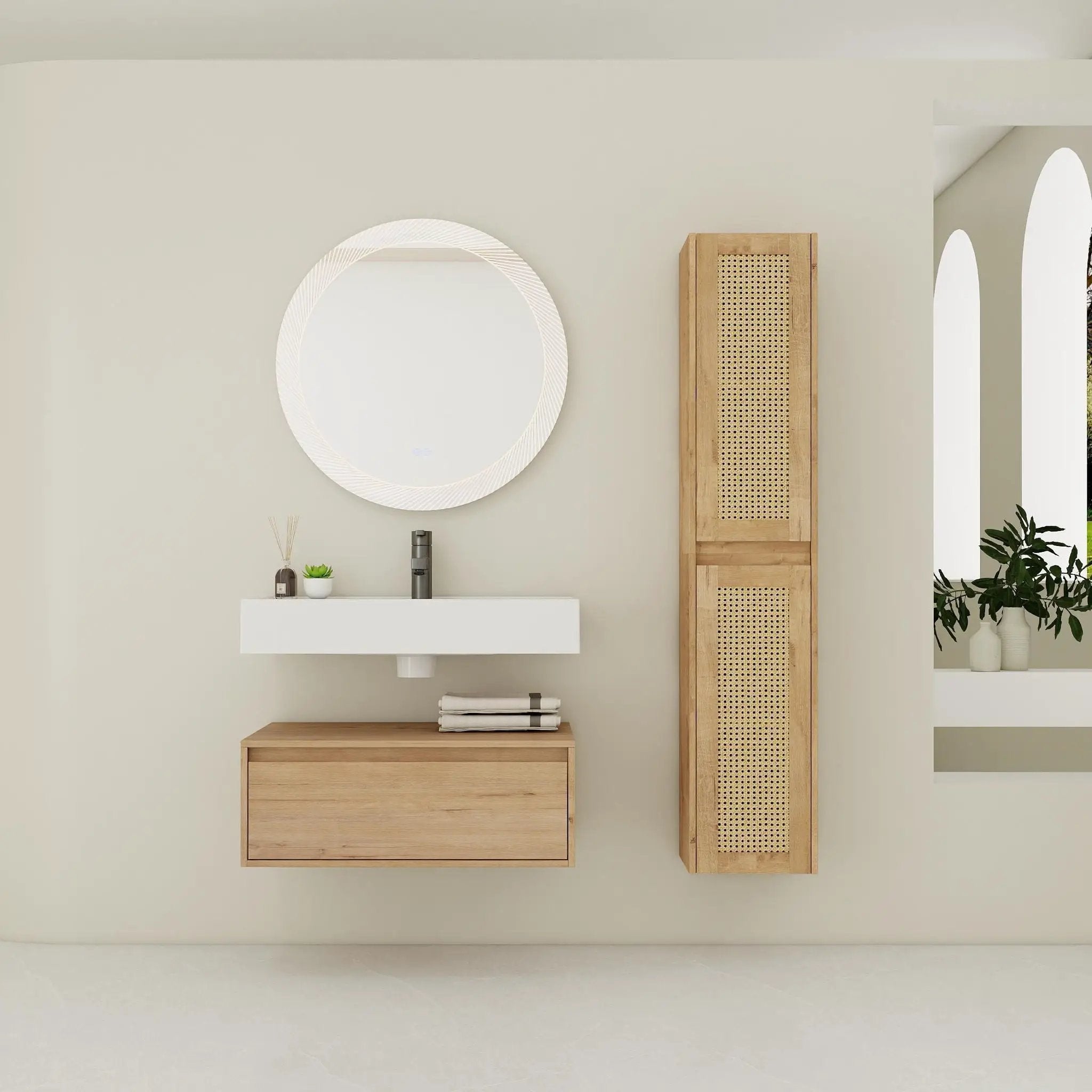 Modern Imitative Wall Mounted Bathroom Vanity With Resin Sink & 2 Side Cabinet, Soft Close Drawer - Imitative Oak by Unique Piece Furniture