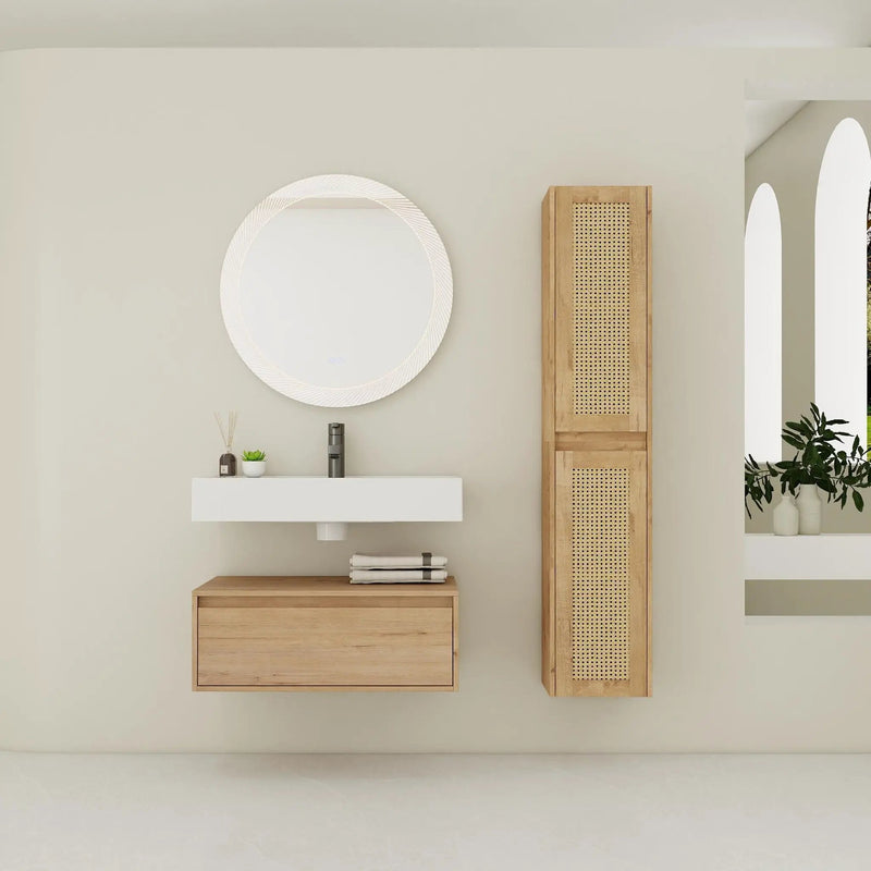 Modern Imitative Wall Mounted Bathroom Vanity With Resin Sink & 2 Side Cabinet, Soft Close Drawer - Imitative Oak by Unique Piece Furniture