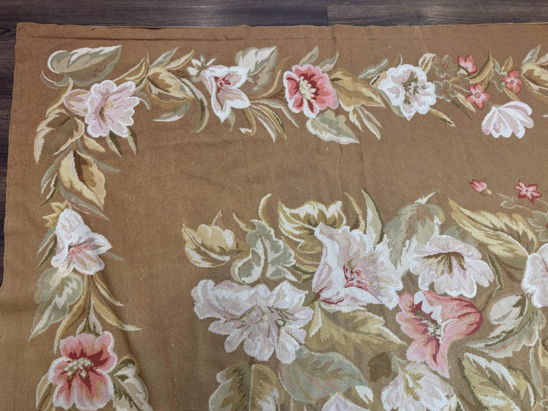 Large Needlepoint Rug 11x14, Vintage Floral Wool Carpet, Caramel by Jewel Rugs