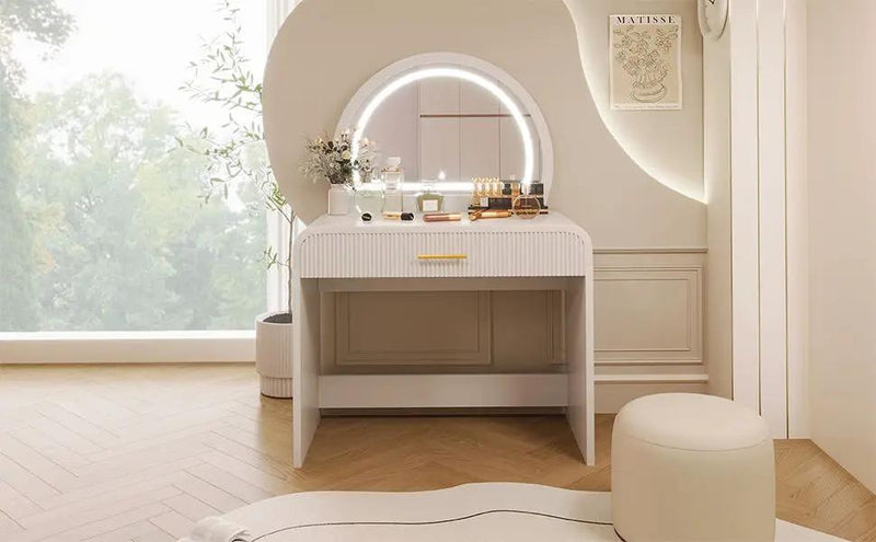 Makeup Vanity Table With Mirror Touch Screen Lighted Mirror, Dressing Table With Drawer For Bedroom - White by HouseOfZazla