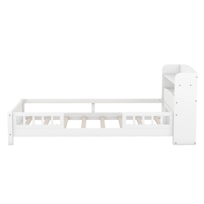 Wood Platform Bed With Built In LED Light, Storage Headboard And Guardrail