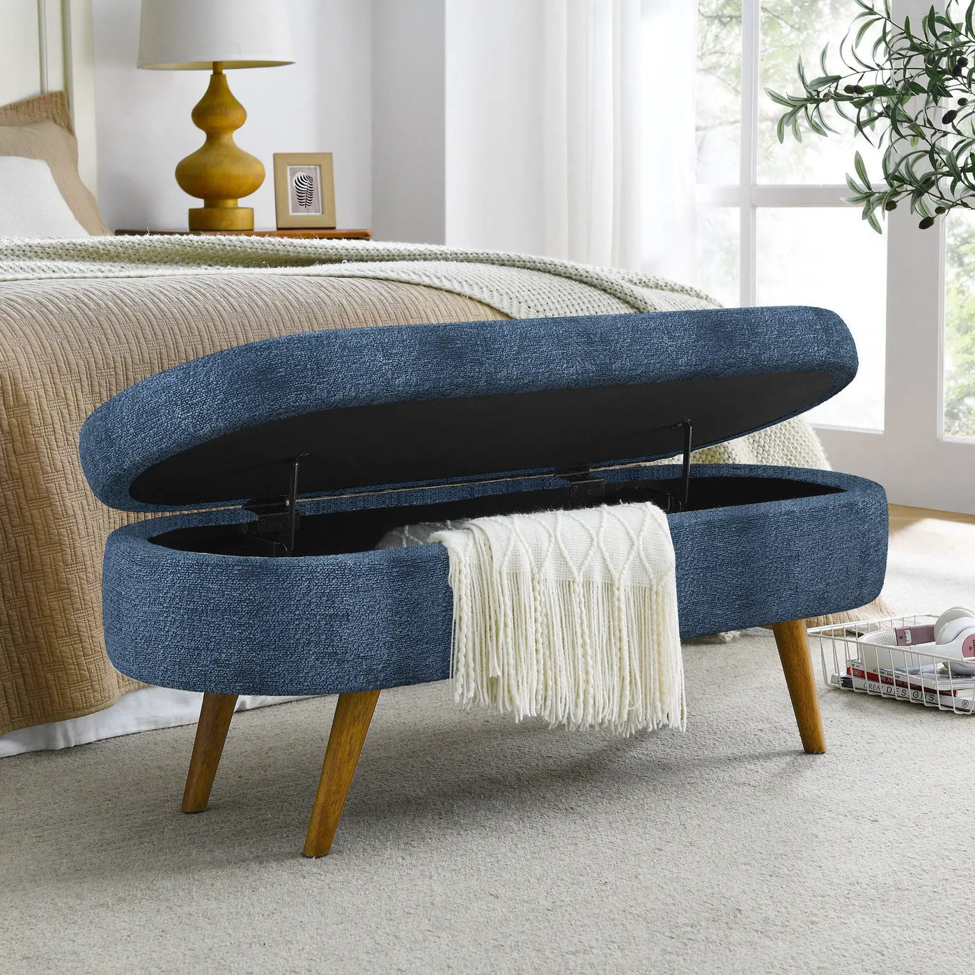 Modern Ottoman Oval Storage Bench With Rubber Wood Legs by Unique Piece Furniture