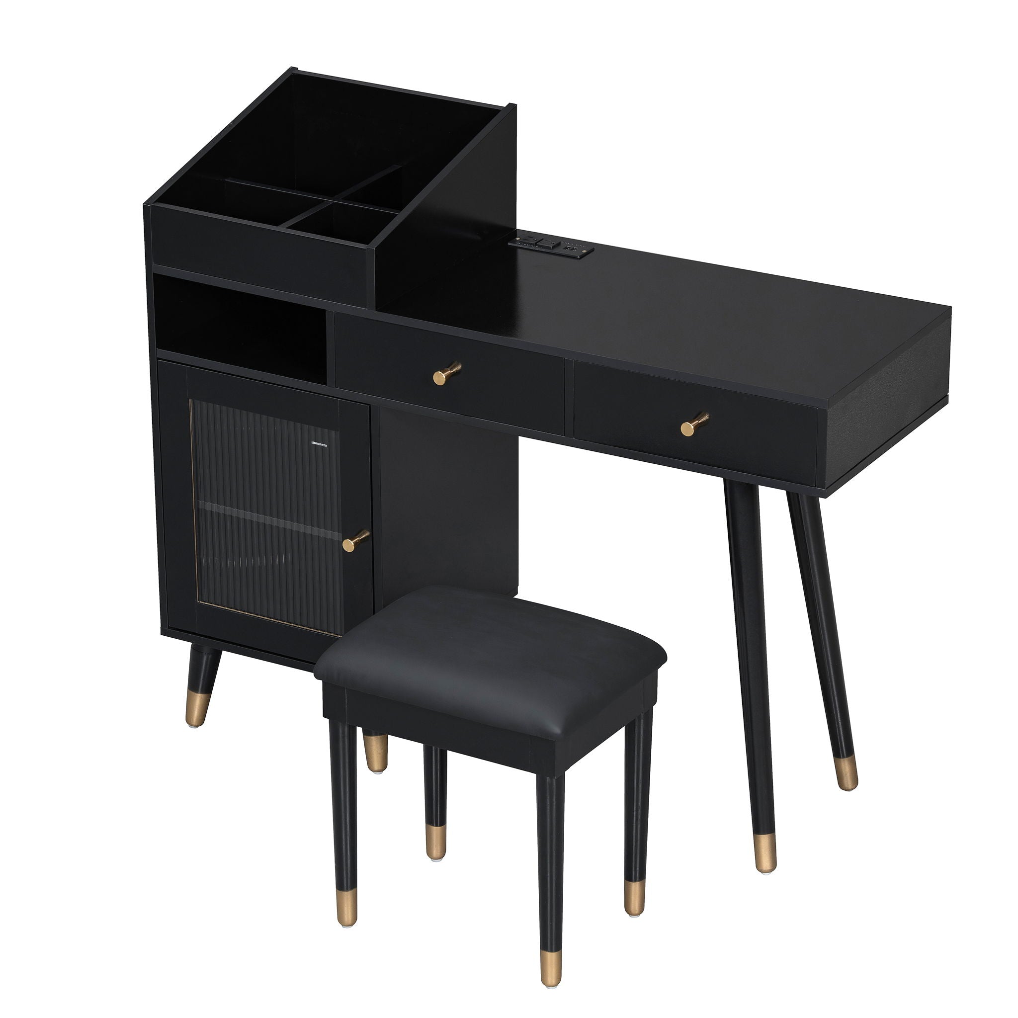 Modern Makeup Vanity Desk With Drawers Cabinet & Charging Port Engineered Wood Space Saving Design For Small Places - Black by Unique Piece Furniture