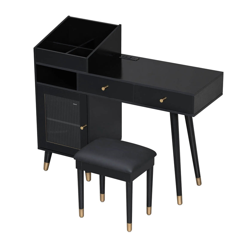 Modern Makeup Vanity Desk With Drawers Cabinet & Charging Port Engineered Wood Space Saving Design For Small Places - Black by Unique Piece Furniture