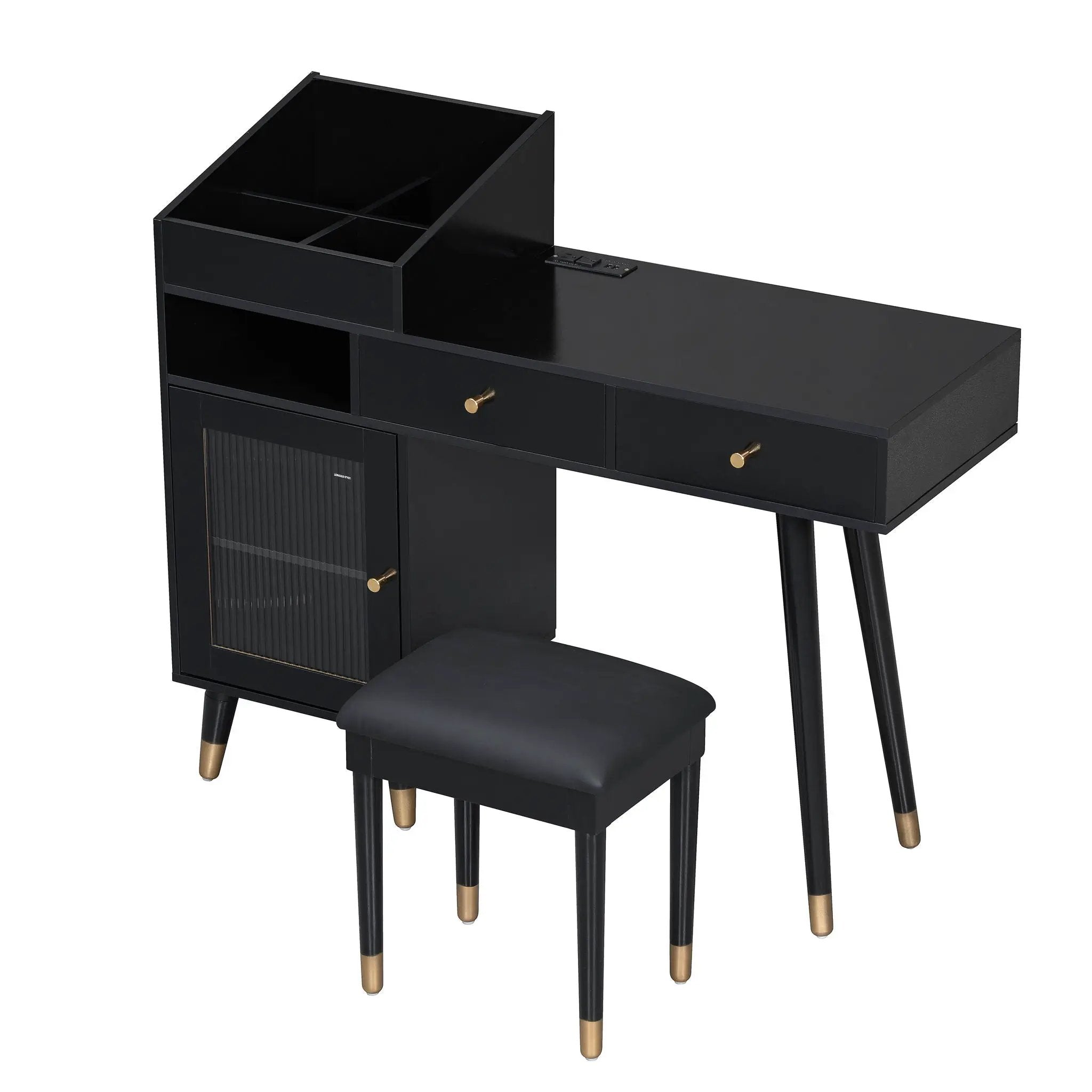 Modern Makeup Vanity Desk With Drawers Cabinet & Charging Port Engineered Wood Space Saving Design For Small Places - Black by HouseOfZazla