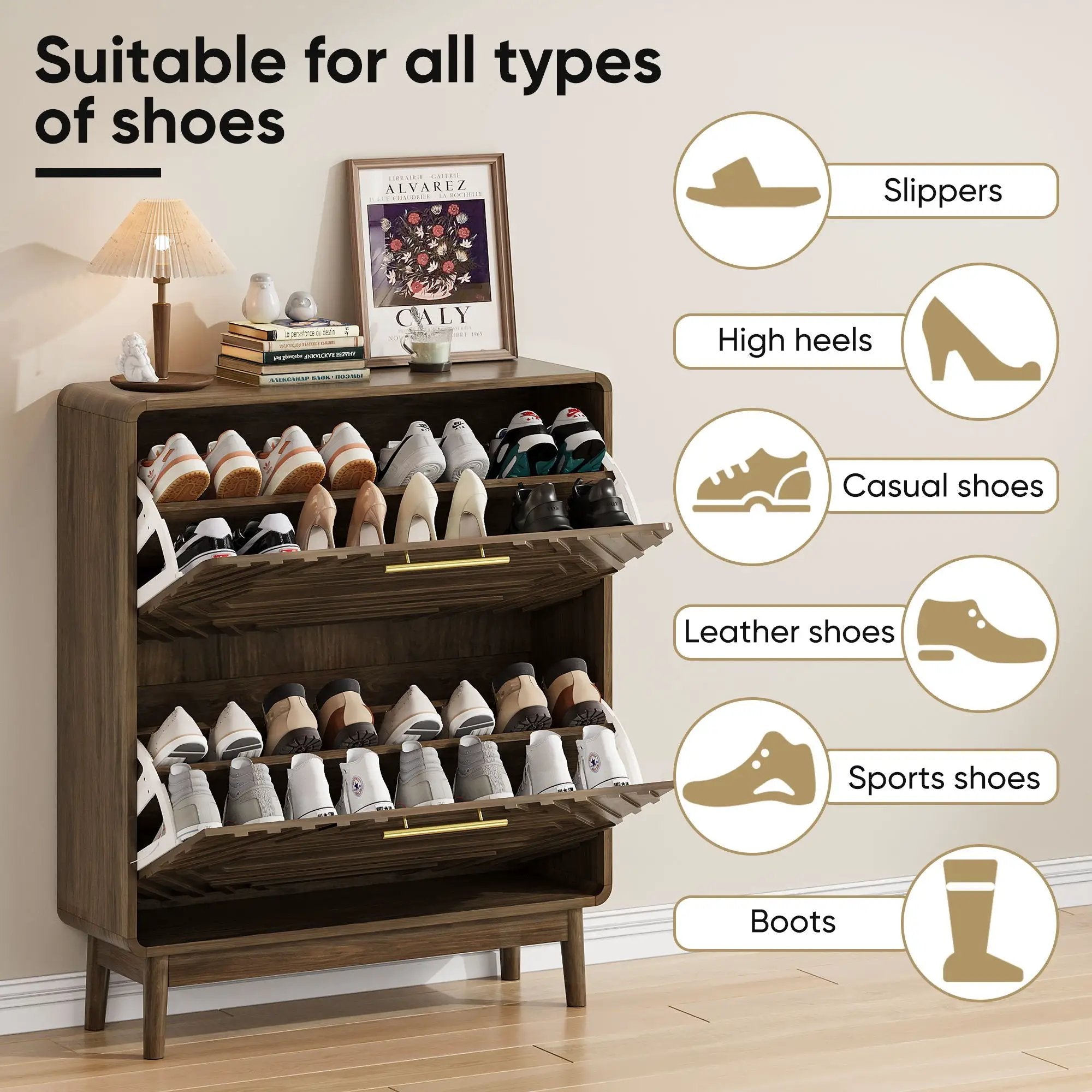 Freestanding Shoe Cabinet With 2 Flip Top Drawers For Entryway - Walnut