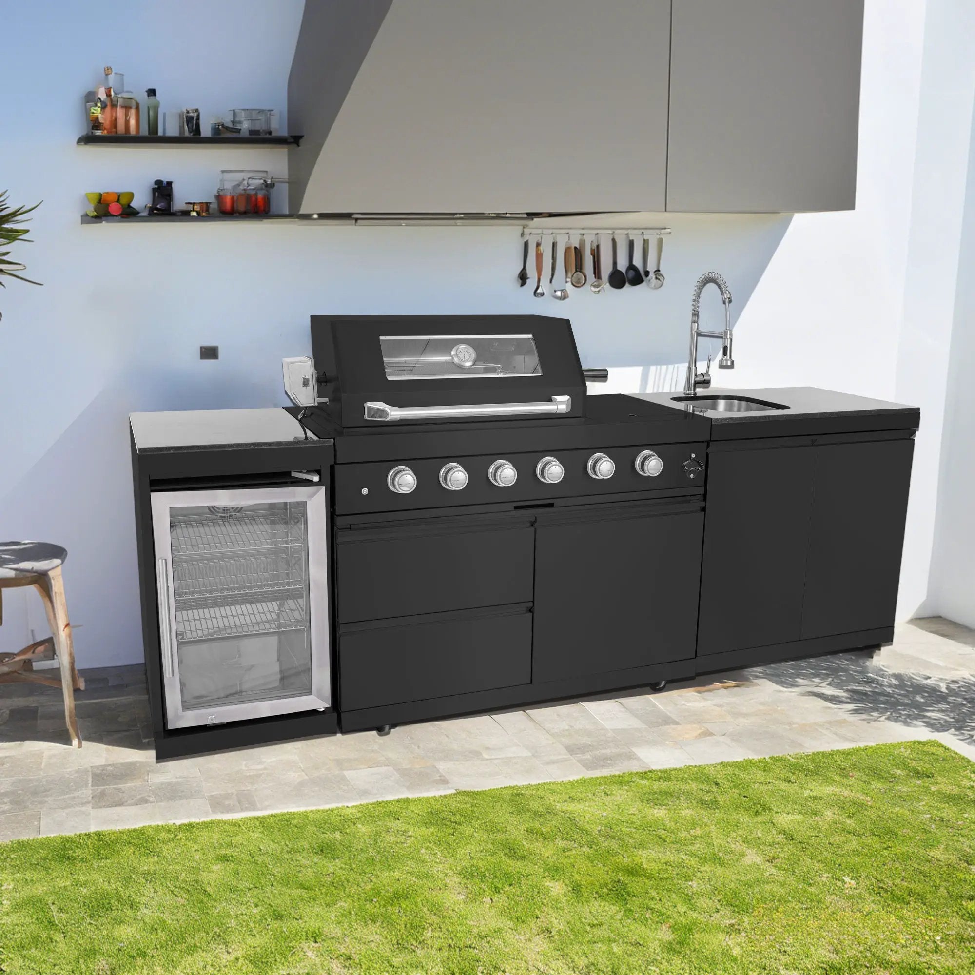 NG 104" 4-Burner 72,000 BTU Black Outdoor Kitchen Island Grill + Rotisserie Kit by Chery Industrial