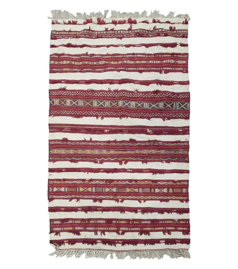Antique Turkoman Yamud Rug 3x5 ft, 1920s Turkmen Sofreh Table Cover, Bohemian Rug, Tribal Collectible, Striped Rug, Handmade Ivory and Red by Jewel Rugs