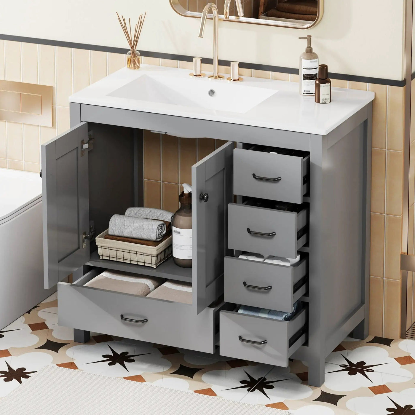 Bathroom Vanity With Ceramic Sink Combo, Abundant Storage Cabinet 2 Soft Close Doors And 5 Drawers by Unique Piece Furniture
