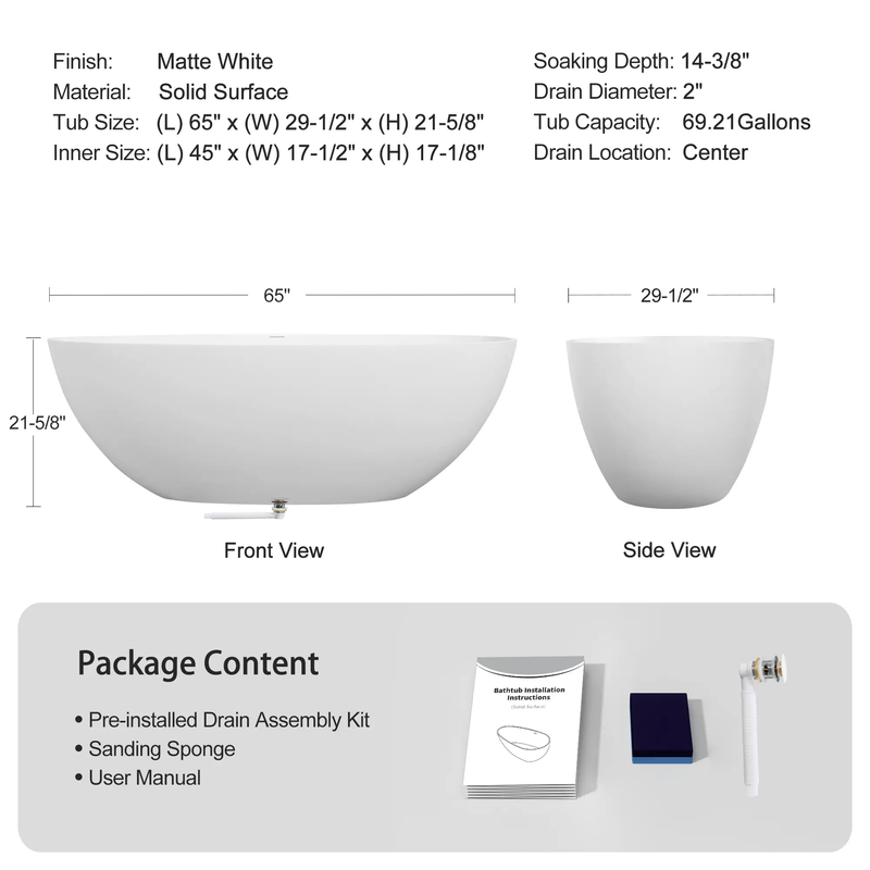 65" Freestanding Solid Surface Bathtub by HouseOfZazla