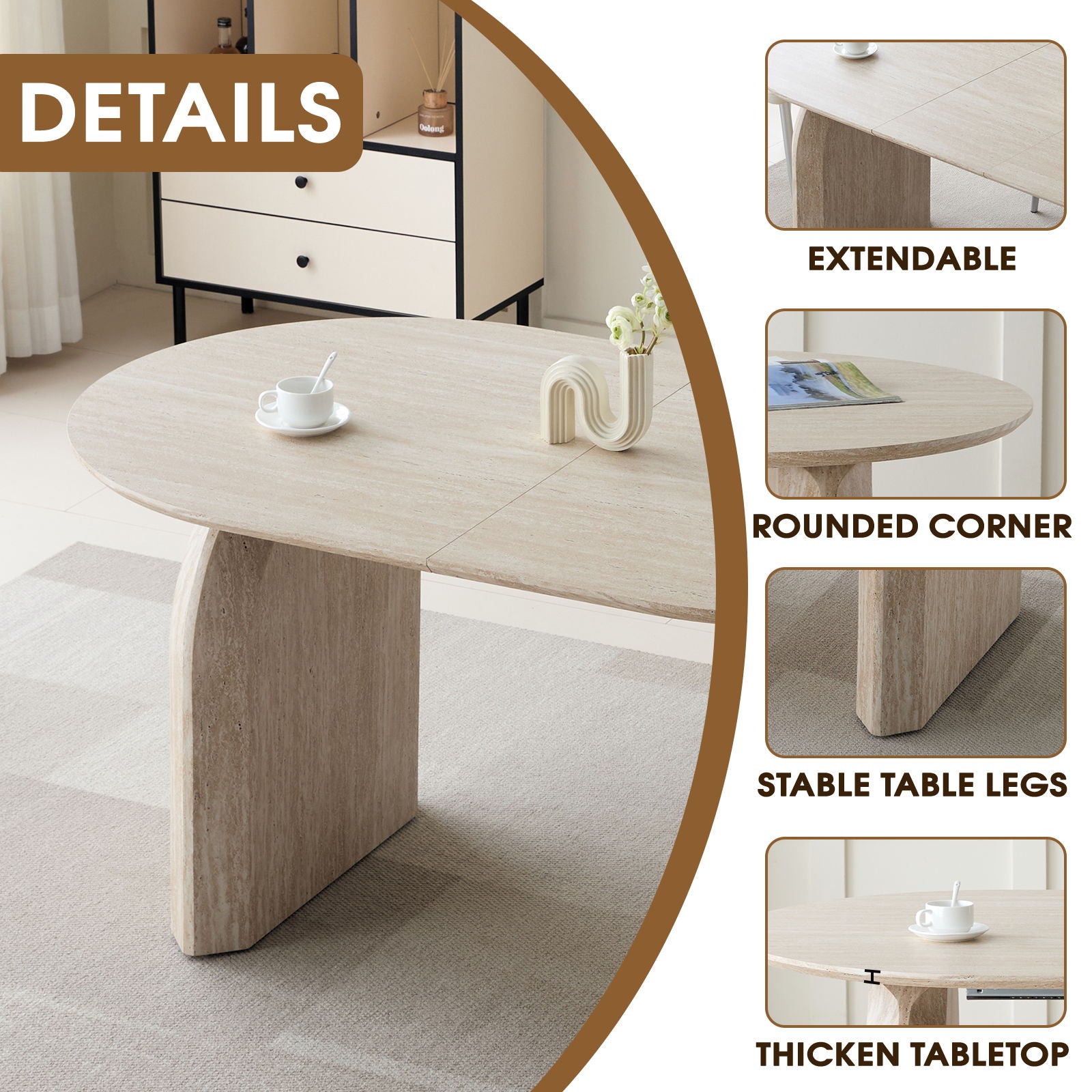 Oval Extendable Dining Table With Dual Pillar Design - Off White by HouseOfZazla
