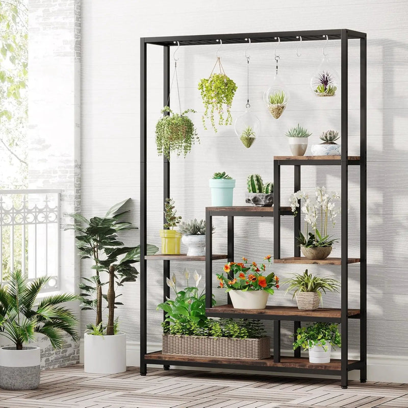 5 Tier Plant Stand With 6 Hooks For Living Room - Brown / Black by HouseOfZazla