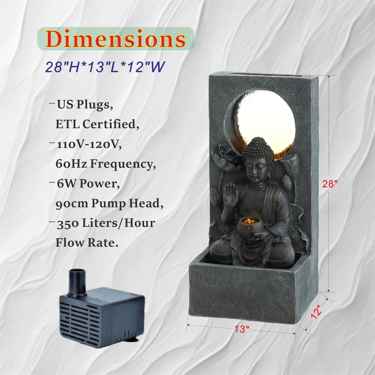 Resin Buddha Wall Panel Outdoor Fountain 28 Inch LED, photo 7 of 10