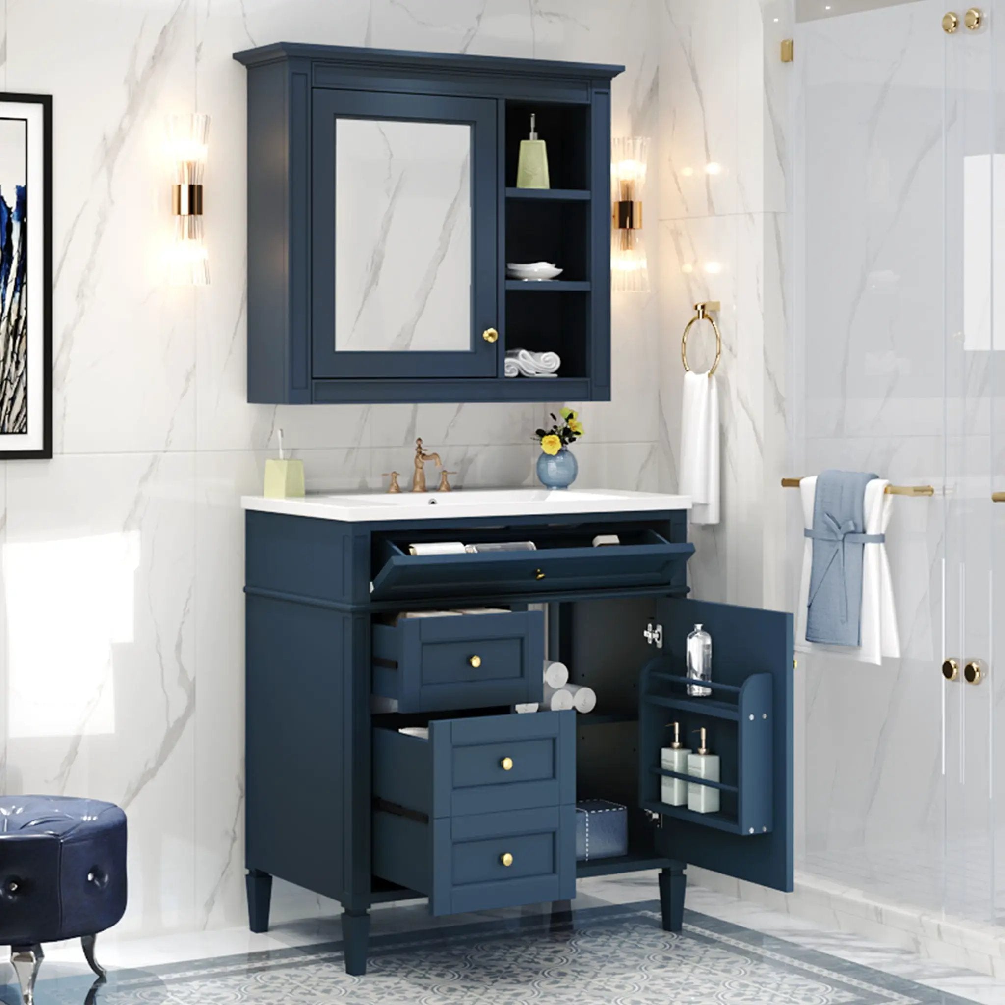 Bathroom Vanity With Medicine Cabinet, Royal Mirror Cabinet, Modern Bathroom Storage Cabinet With 2 Soft Closing Doors And 4 Drawers by HouseOfZazla