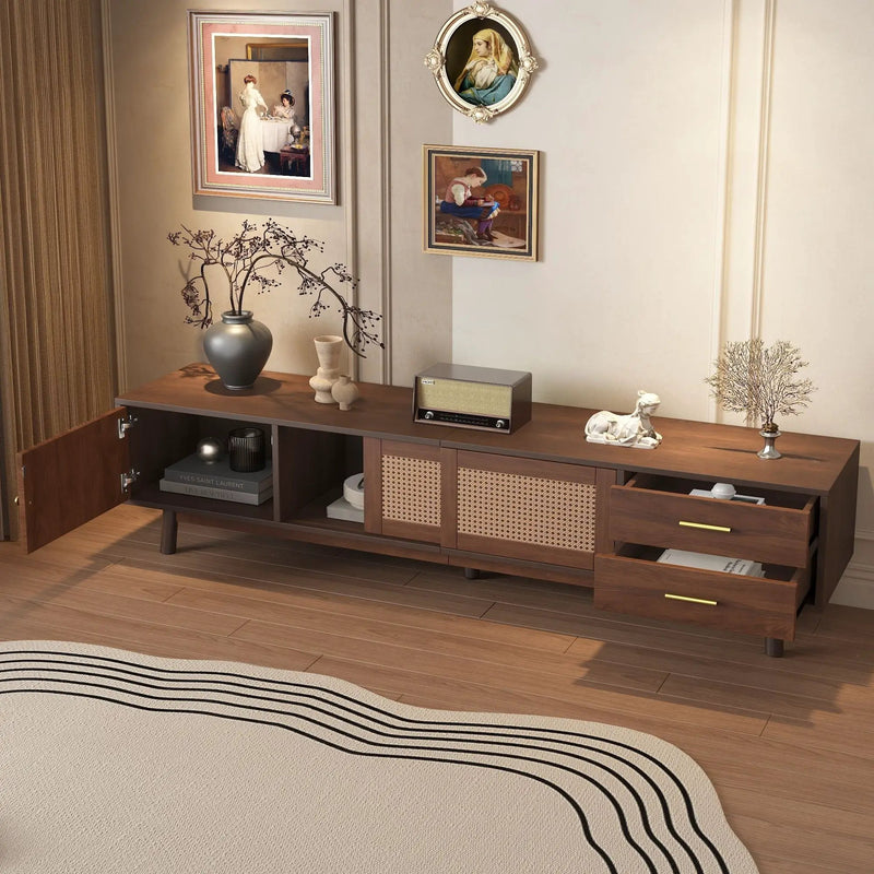 TV Stand For 80" TVs With Sliding Doors And Drawers, Accent Storage Unit - Dark Brown by Unique Piece Furniture