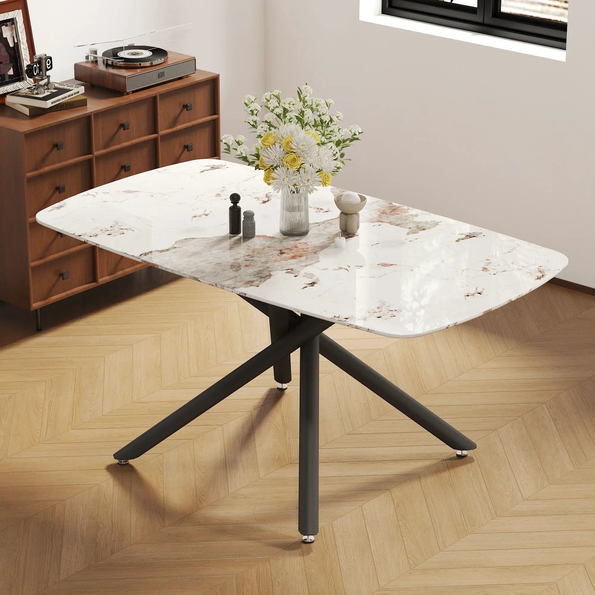 Luxurious Marble Patterned Dining Table With Metal Fork Legs by Unique Piece Furniture