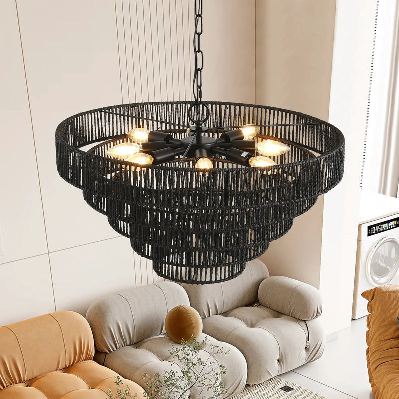 24' Rustic 5-Tier Black Hemp Rope Pendant Light Chandelier by HouseOfZazla