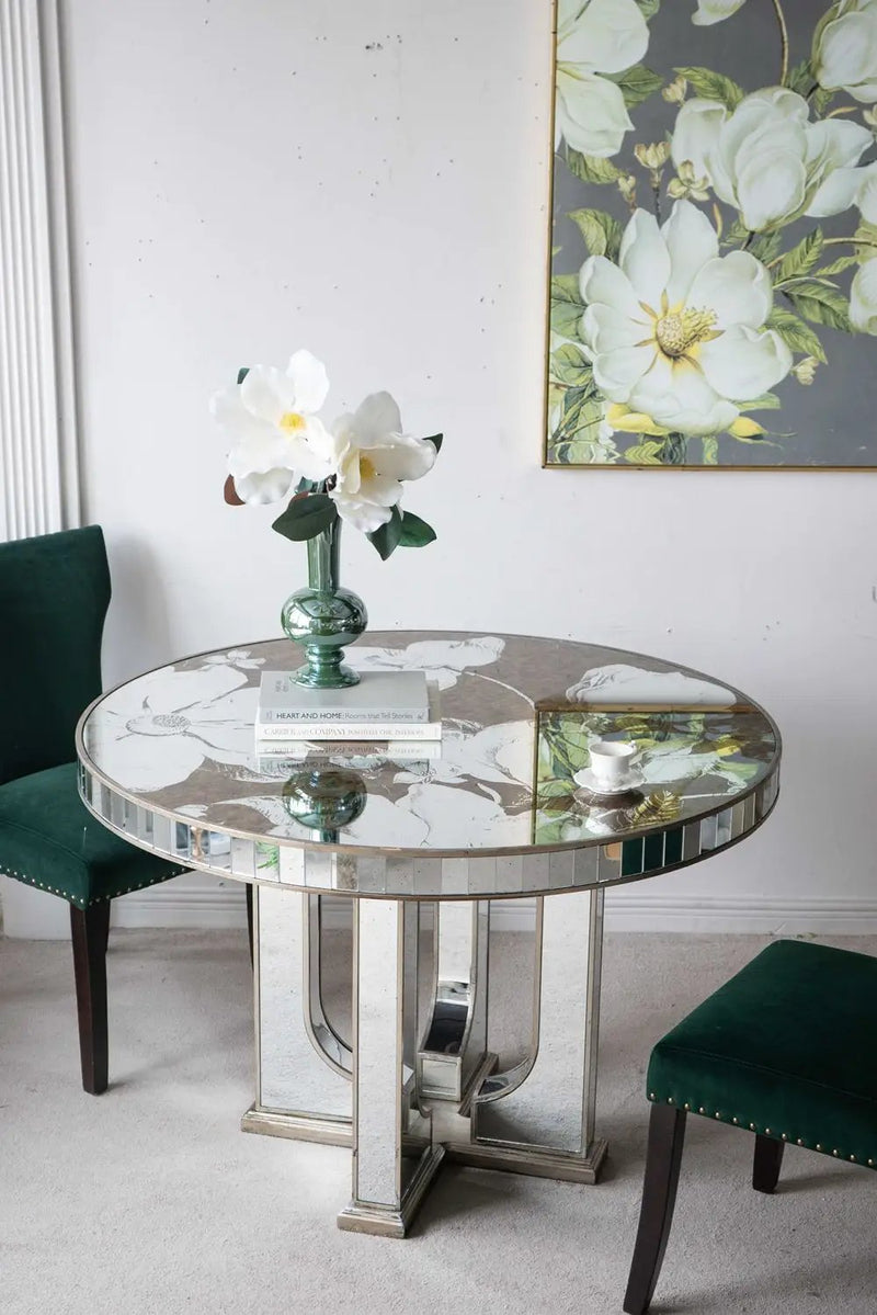 Round Dining Table With Elegant Floral Design And Mirrored - Silver Multi by HouseOfZazla