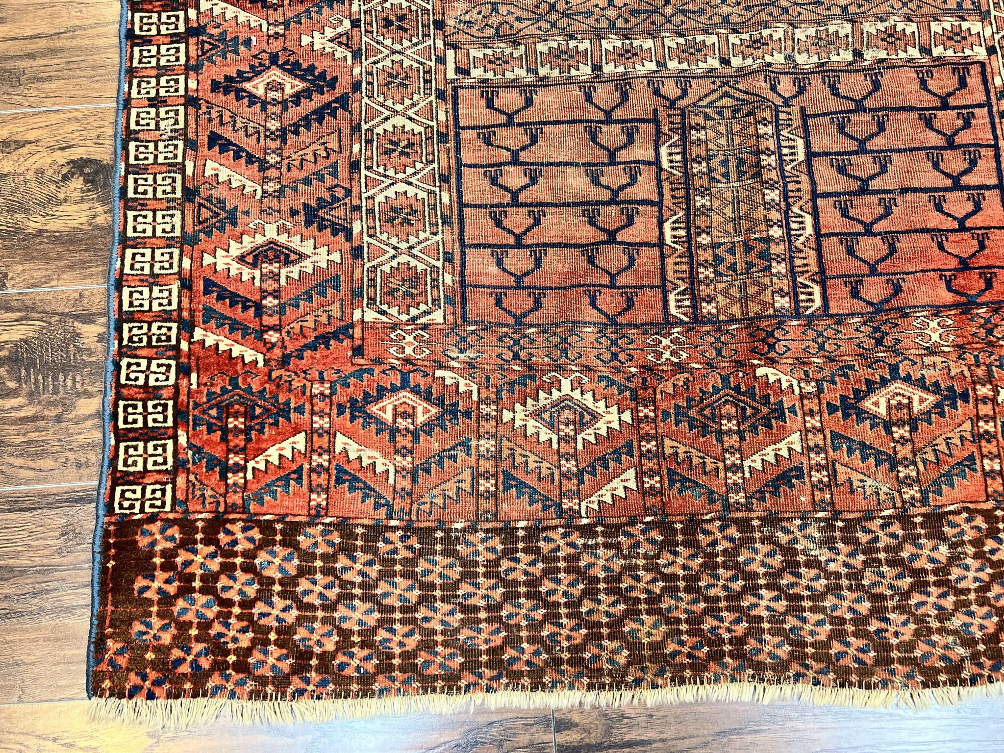 Antique Turkoman Rug 4x4, Hatchli Square Carpet, Wool Handmade Four Season Yamud Design Rug, Red Bohemian Tribal Rug, Engsi Tekkeh Rug by Jewel Rugs