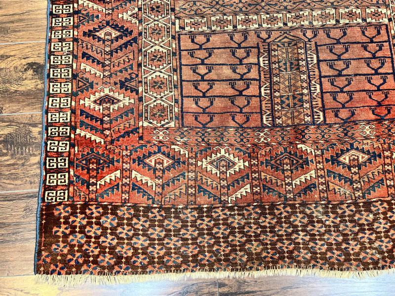 Antique Turkoman Rug 4x4, Hatchli Square Carpet, Wool Handmade Four Season Yamud Design Rug, Red Bohemian Tribal Rug, Engsi Tekkeh Rug by Jewel Rugs