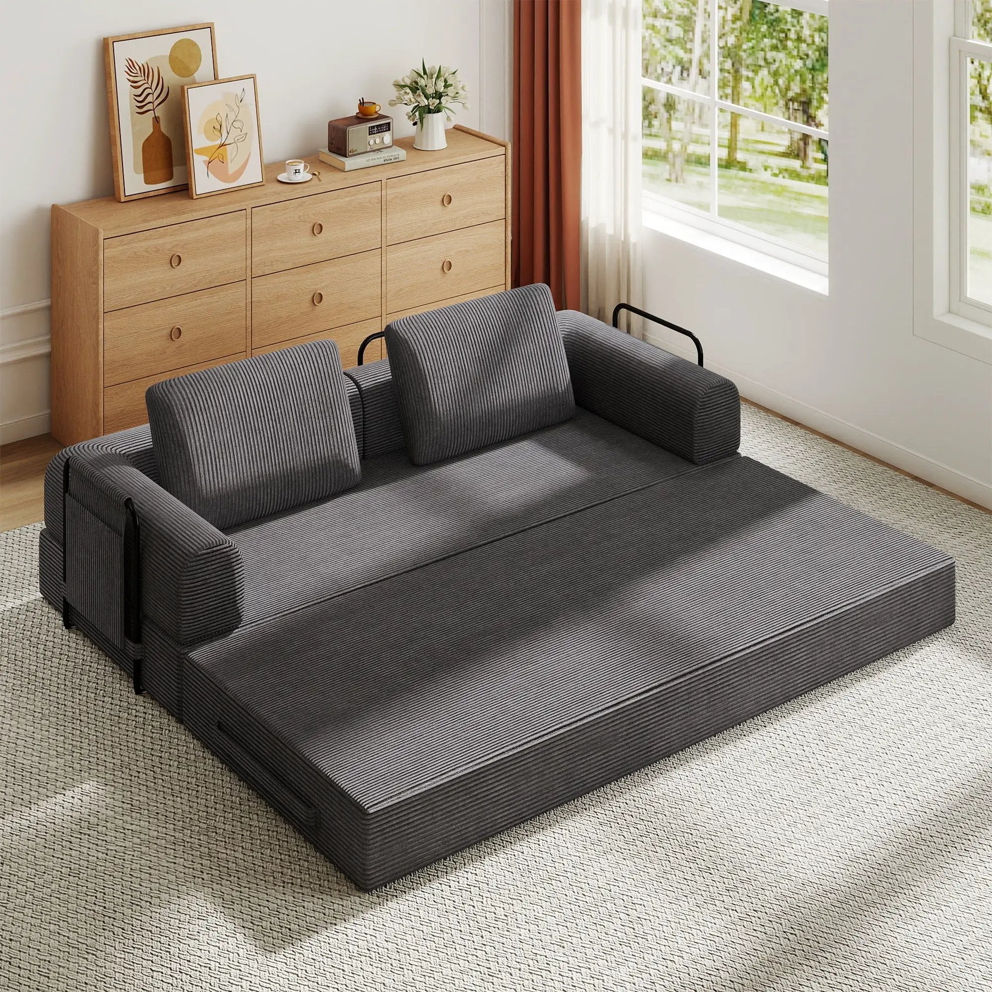 Convertible Sleeper Sofa Bed With Cylindrical Pillow, Fixed Shape Frame by Unique Piece Furniture