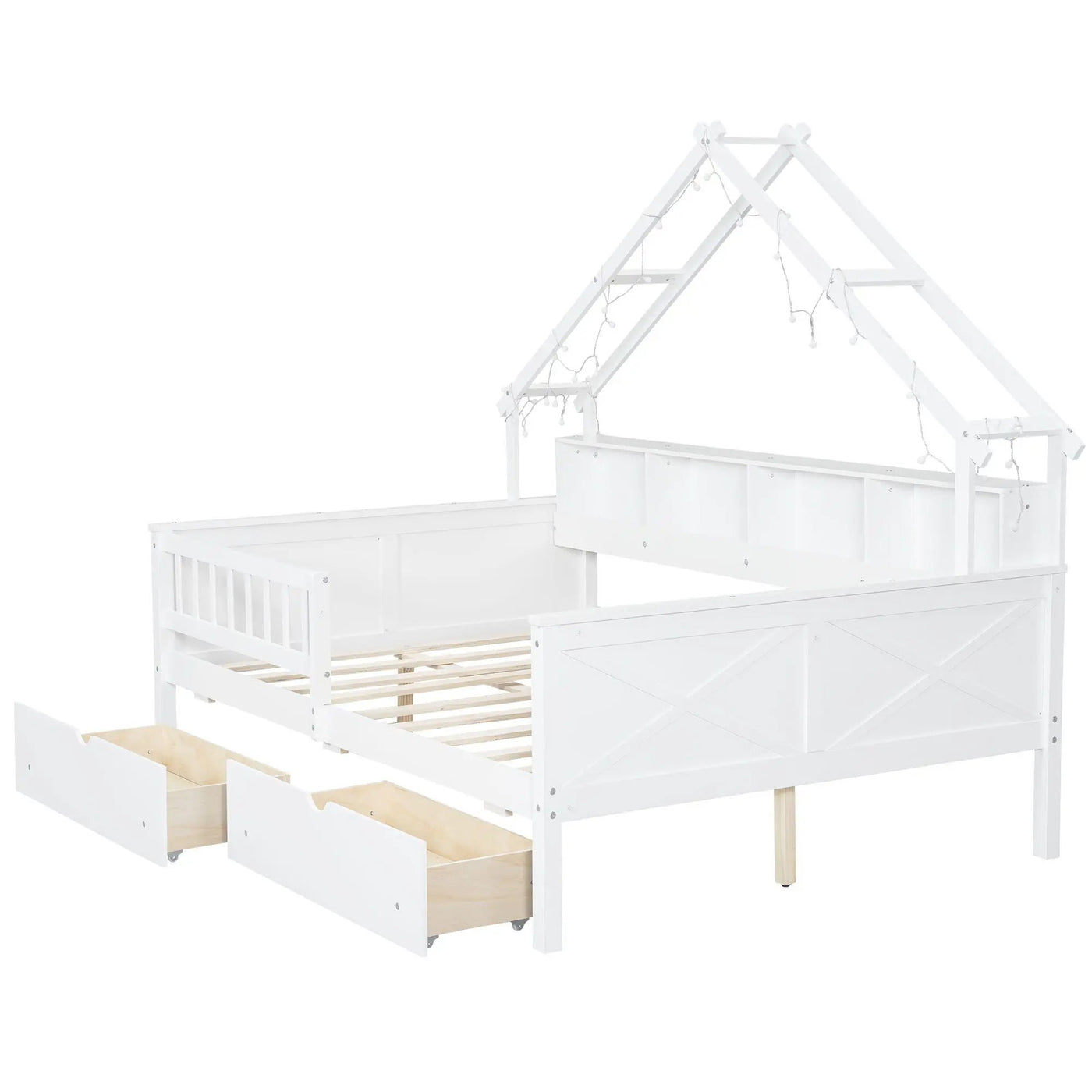 House Style Platform Bed With LED Lights, Storage Shelves, Drawers, And Guardrail by HouseOfZazla