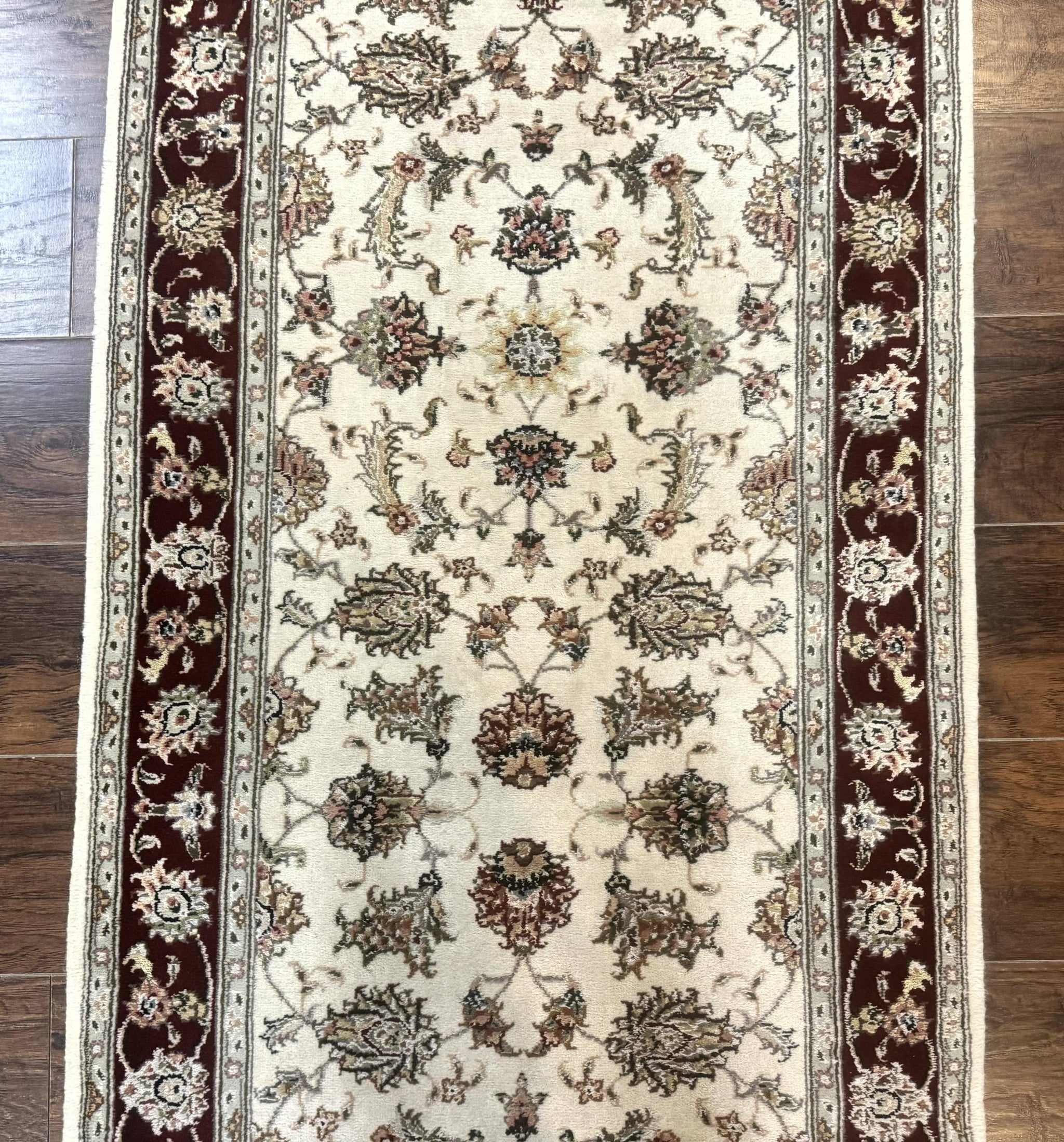 Pak Persian Runner Rug 2.8 x 8, Handmade Vintage Carpet, Beige and Maroon, Wool and Silk Highlights by Jewel Rugs