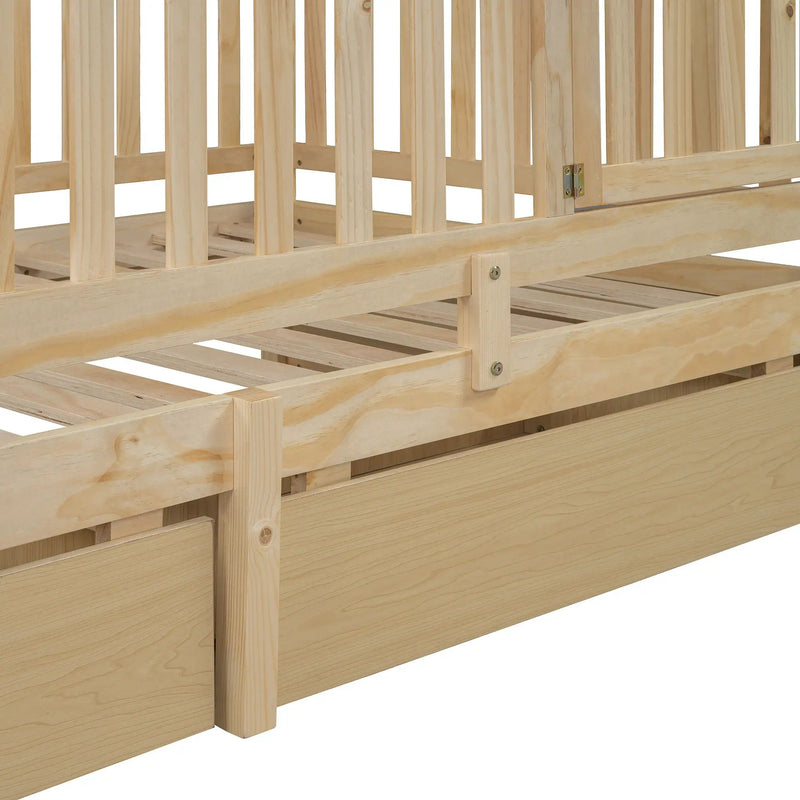Daybed With Fence Guardrails And 2 Drawers, Split Into Independent Floor Bed & Daybed by HouseOfZazla