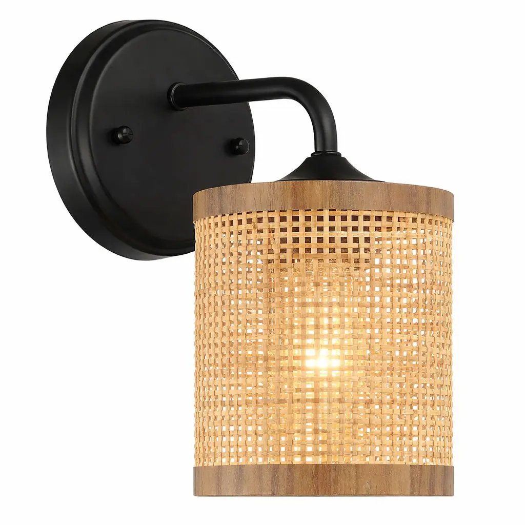 Reef - Single Lights Wall Sconce With Natural Shade Rustic Wicker Wall Light - Black / Rattan by Unique Piece Furniture