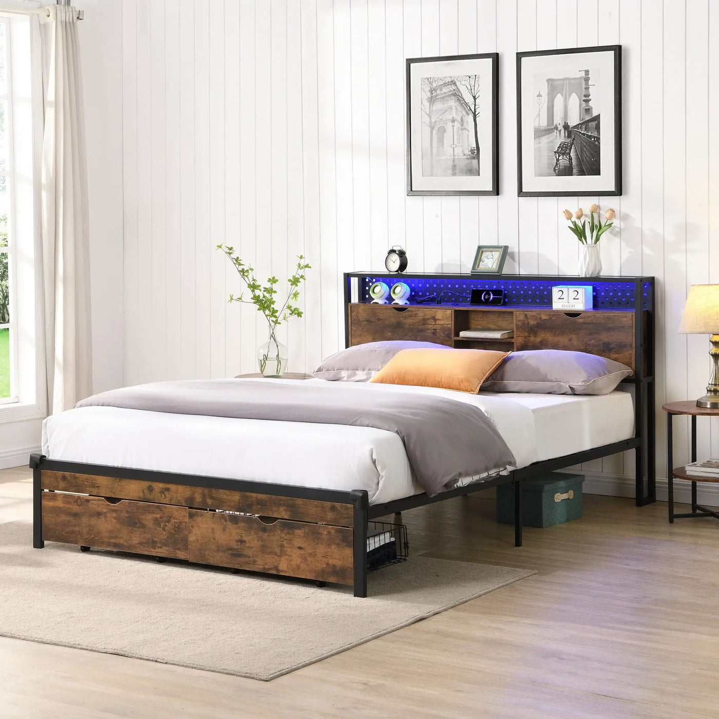 Modern Metal Platform Bed Frame with Wooden Headboard and Storage by HouseOfZazla