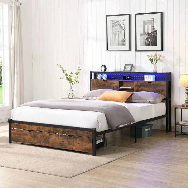 Modern Metal Platform Bed Frame with Wooden Headboard and Storage by HouseOfZazla
