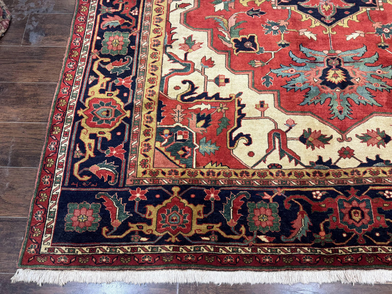 Persian Heriz Serapi Rug 8 x 10.6, Geometric Medallion, Great Colors, Rare, Red Navy Blue Ivory by Jewel Rugs