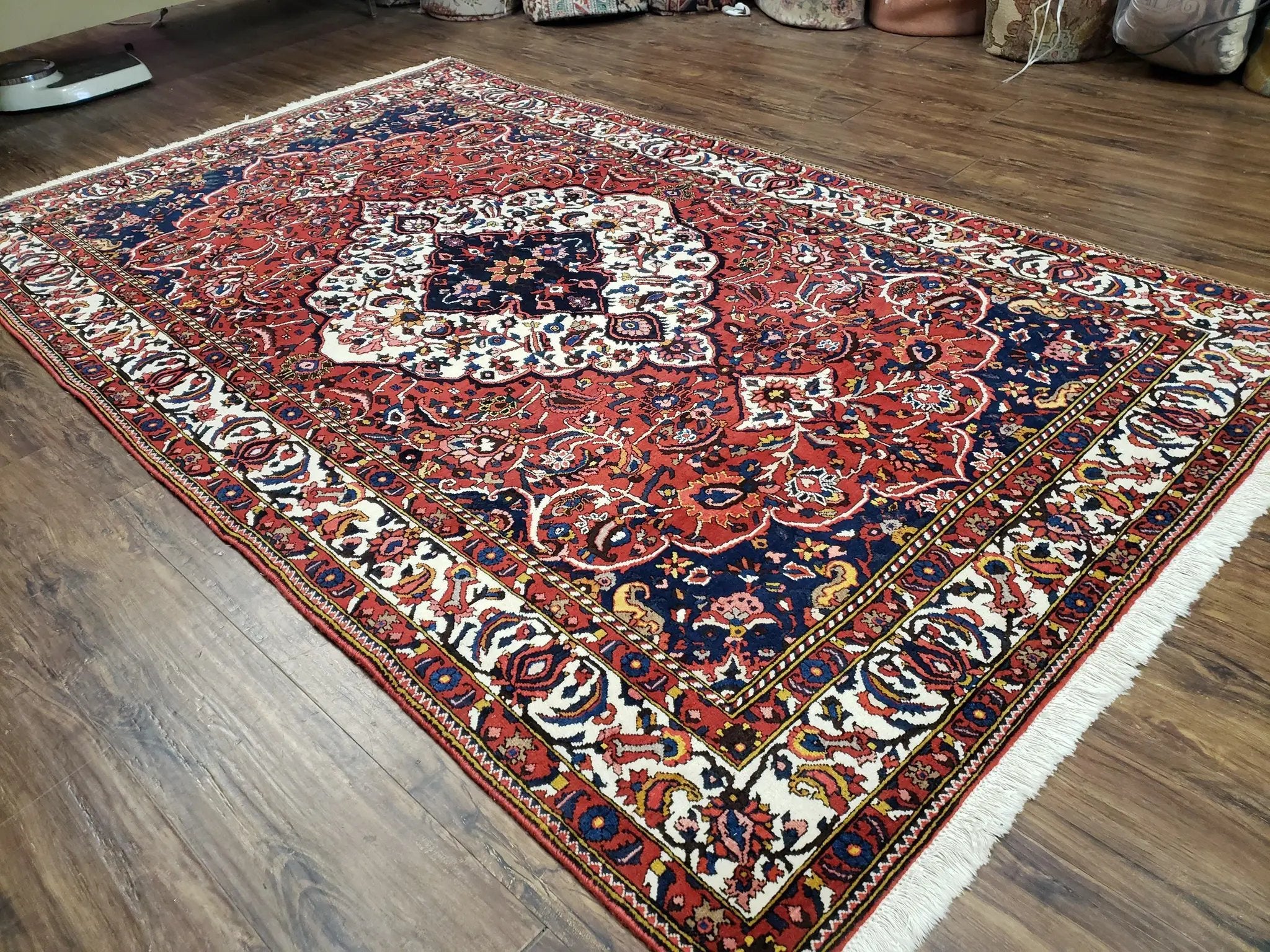 Semi Antique Persian Bakhtiari Rug, Hand-Knotted, Wool, Red, Midnight Blue, Ivory, Floral Medallion, 5'1" x 8' 6" by Jewel Rugs