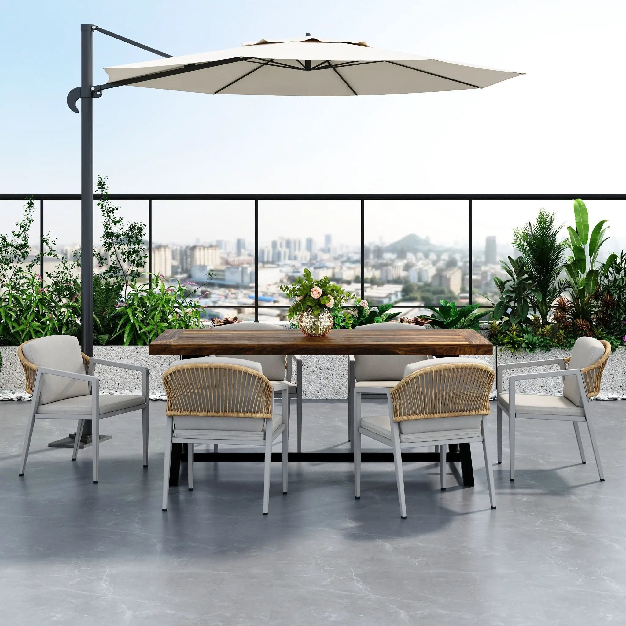Outdoor Dining Set Acacia Wood Table with 6 Rattan Iron Chairs - Black / Natural / Gray by HouseOfZazla