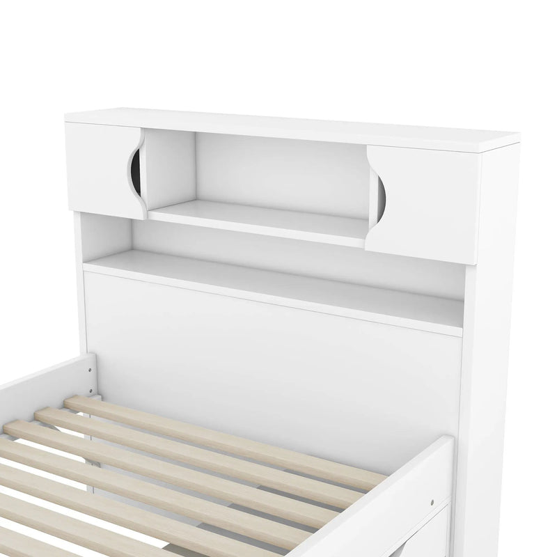 Captain Platform Bed Frame With Storage Bookcases, Shelves, And 4 Drawers