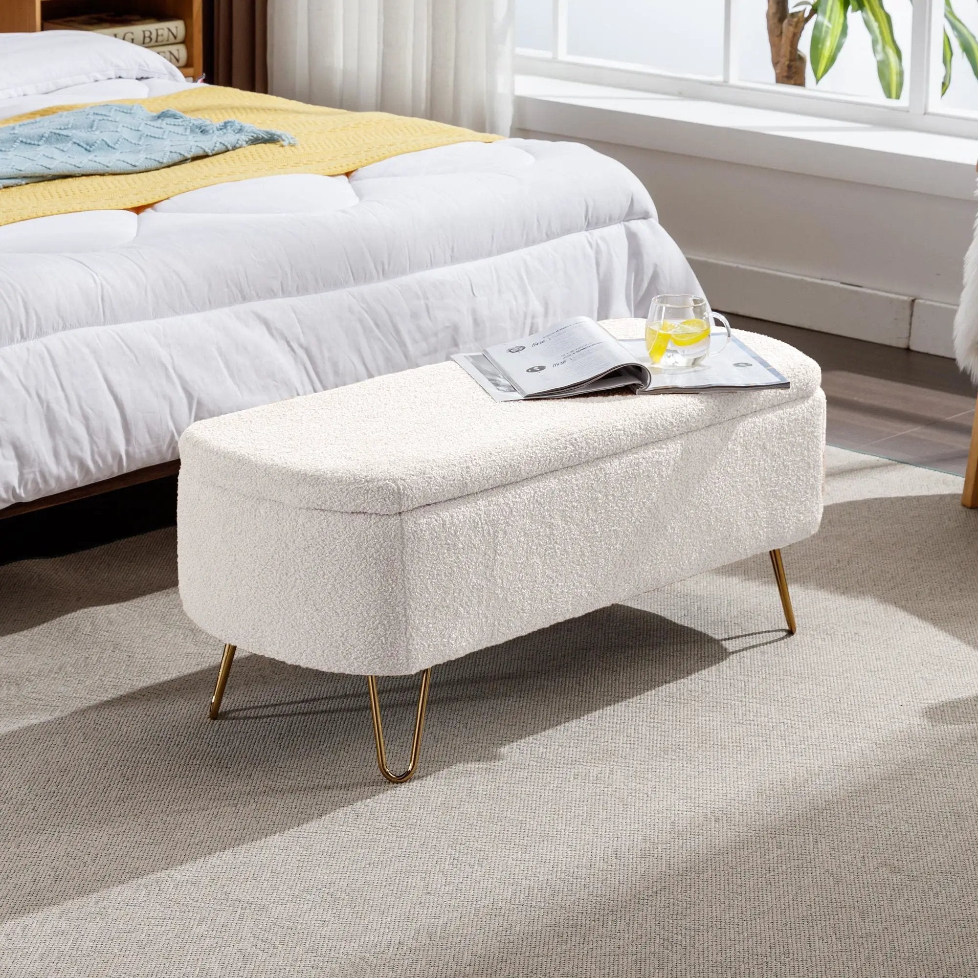 Storage Ottoman Bench For End Of Bed Legs, Modern Camel Faux Fur Entryway Bench Upholstered Padded With Storage For Living Room Bedroom by HouseOfZazla