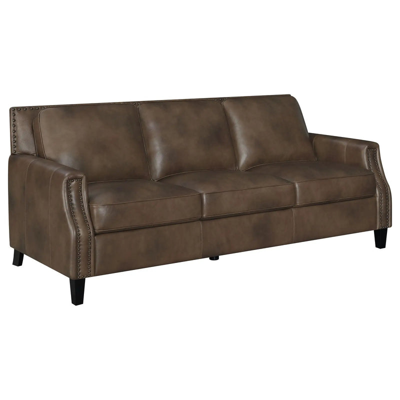 Gunderson - Upholstered Recessed Sofa In Sugar Leather With Tapered Legs - Brown by HouseOfZazla