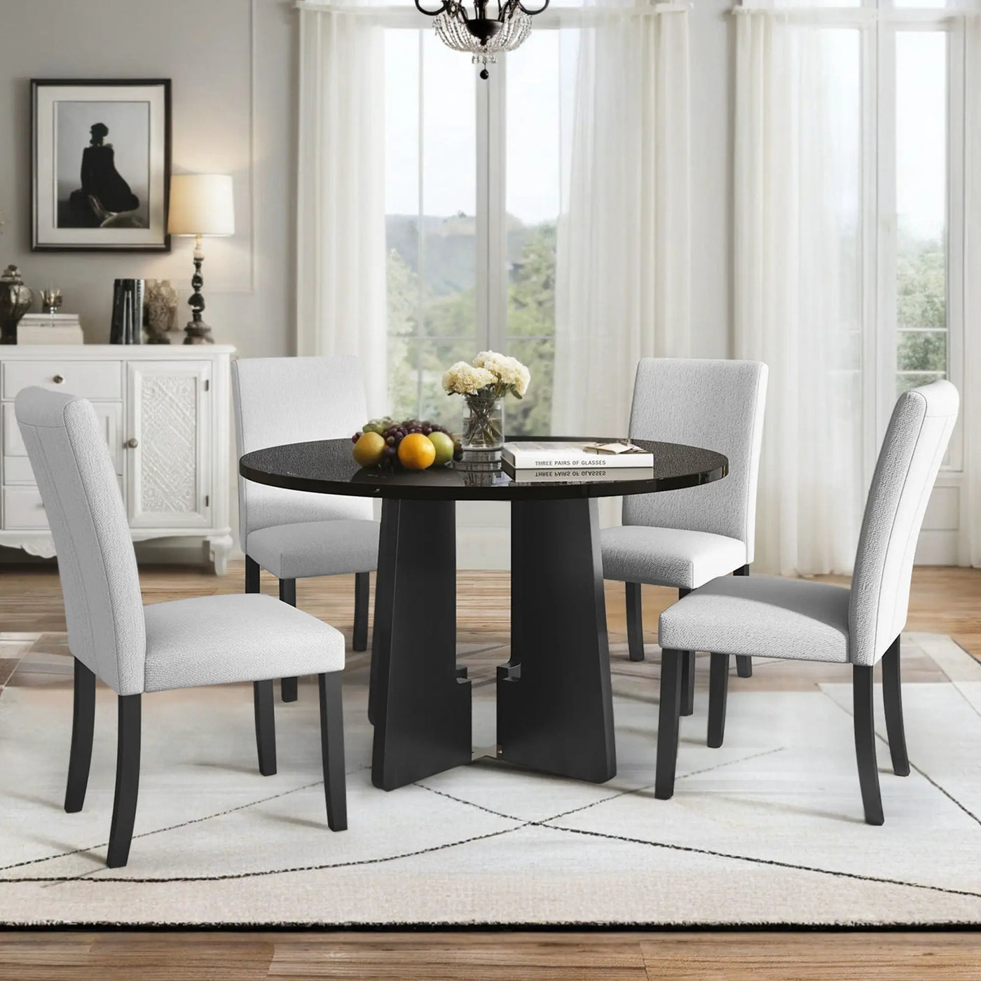 5 Piece Round Dining Table Set, Modern Dining Table And 4 Upholstered Chairs For Dining Room by HouseOfZazla