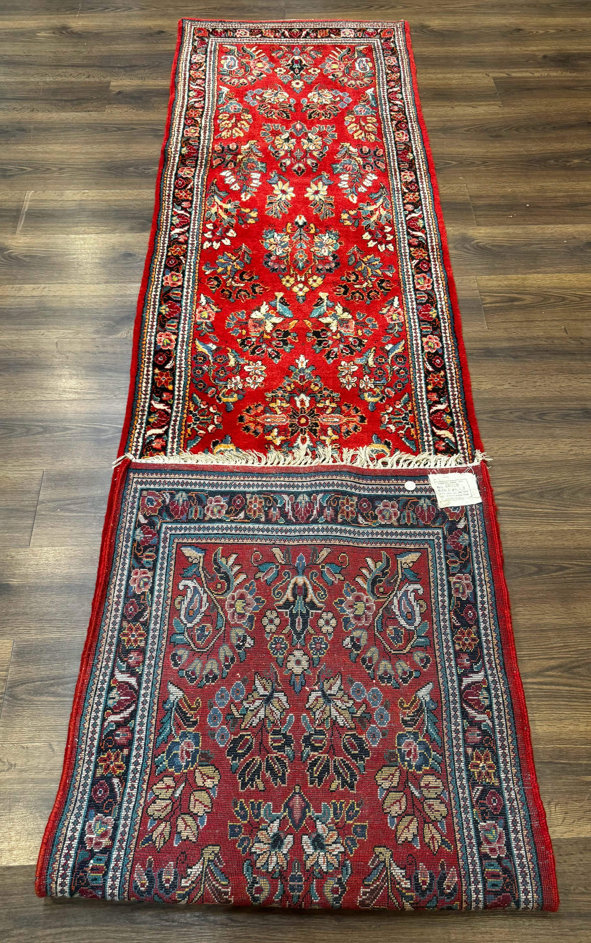 Persian Sarouk Runner Rug 3x12, Red Floral 3 x 12ft Runner, Vintage, Wool by Jewel Rugs