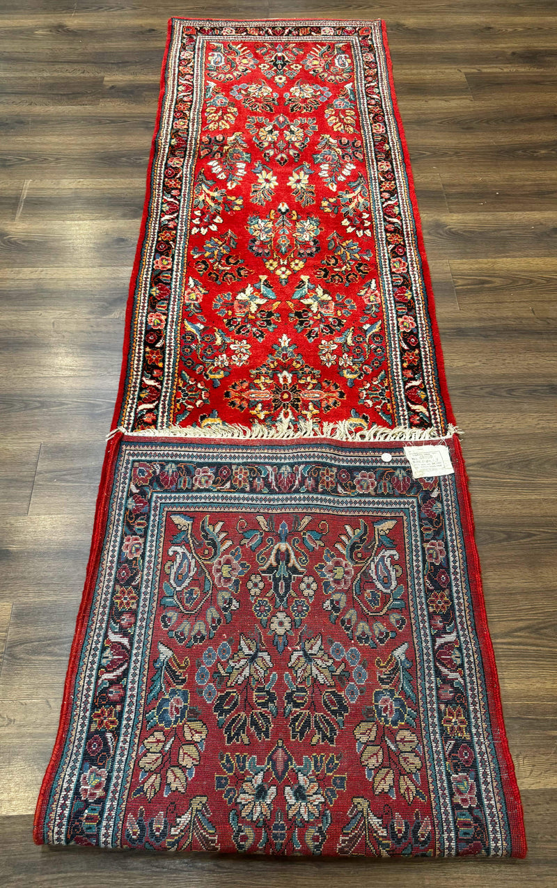 Persian Sarouk Runner Rug 3x12, Red Floral 3 x 12ft Runner, Vintage, Wool by Jewel Rugs