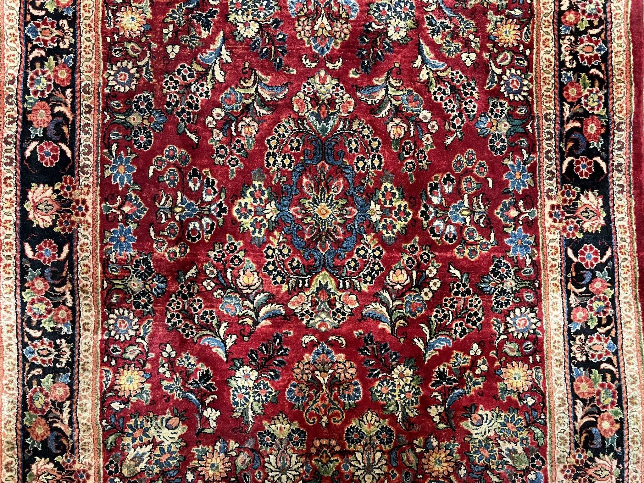 Persian Sarouk Rug 5x6, Hand Knotted Antique 1920s Sarouk, Red Navy Blue by Jewel Rugs