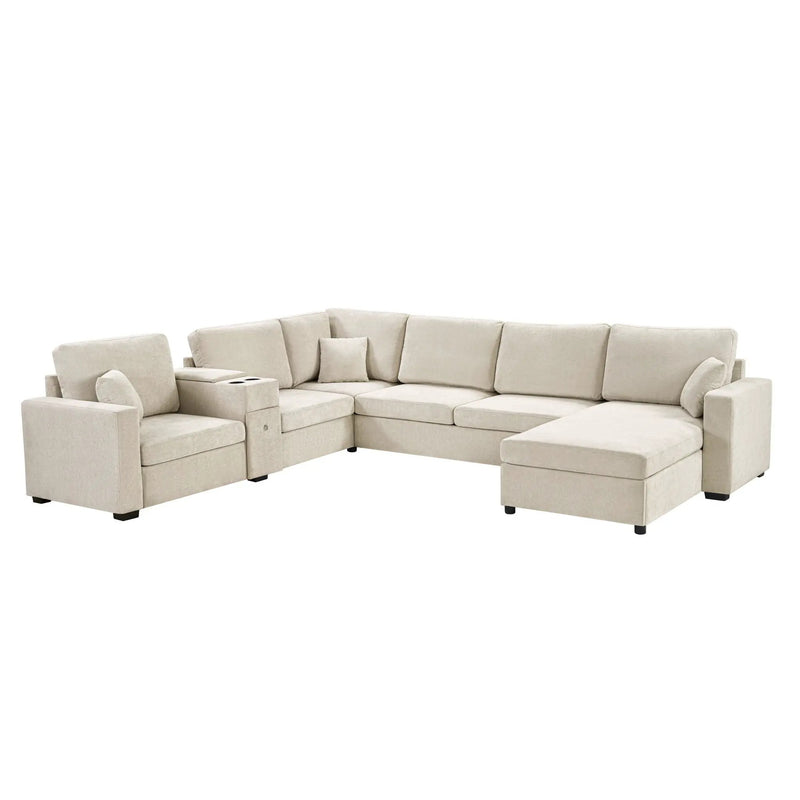 Modular 5 Seat U-Shape Sectional Sofa With Chaise Lounge, Built In Cup Holders And Storage Drawer by HouseOfZazla