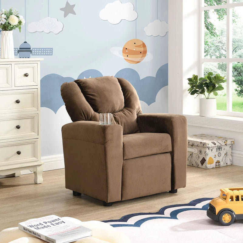 Kids Recliner Chair, Kids Upholstered Couch With One Cup Holder, Toddlers Recliner With Headrest And Footrest - Brown by Unique Piece Furniture