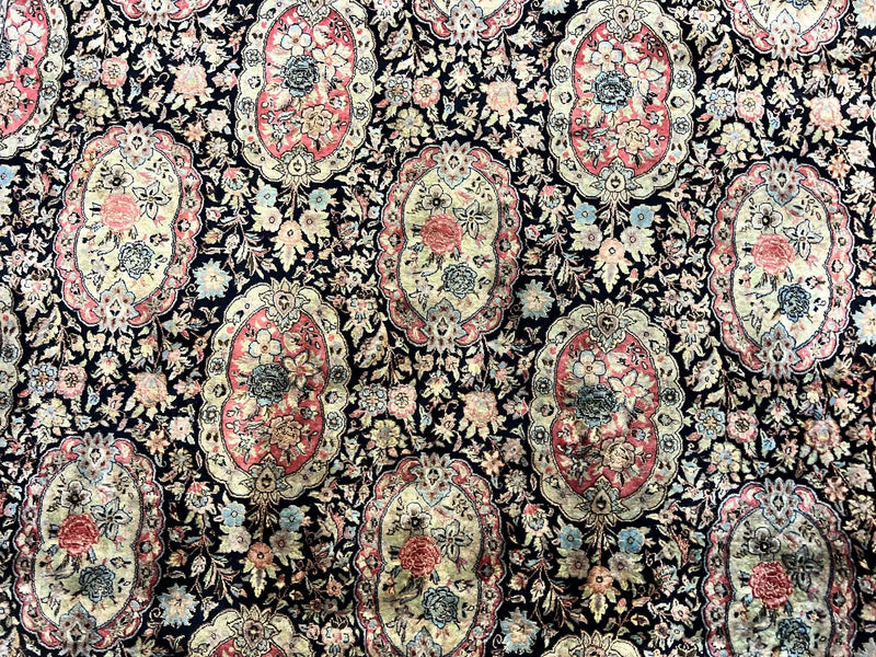 Sino Persian Rug 9x12, Navy Blue and Pink Hand Knotted Wool and Silk Highlights Vintage Oriental Carpet, Handmade Floral Area Rug 9 x 12 ft by Jewel Rugs