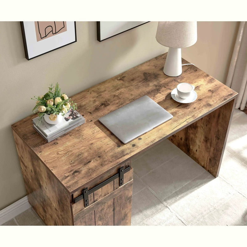 Home Office Desk One Cabinet Three Shelves Faux Barn Door On Metal Euro Hinges Modesty Panel - Distressed Wood by HouseOfZazla