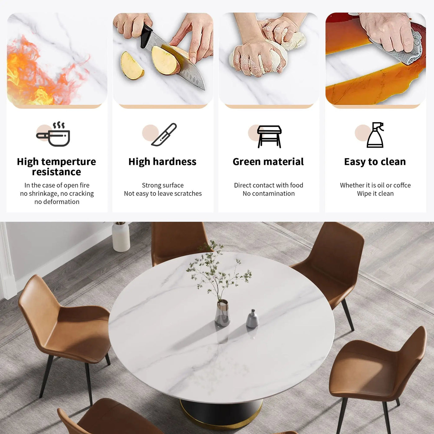 Modern Artificial Stone Round Carbon Steel Base Dining Table, Can Accommodate 6 People by Unique Piece Furniture